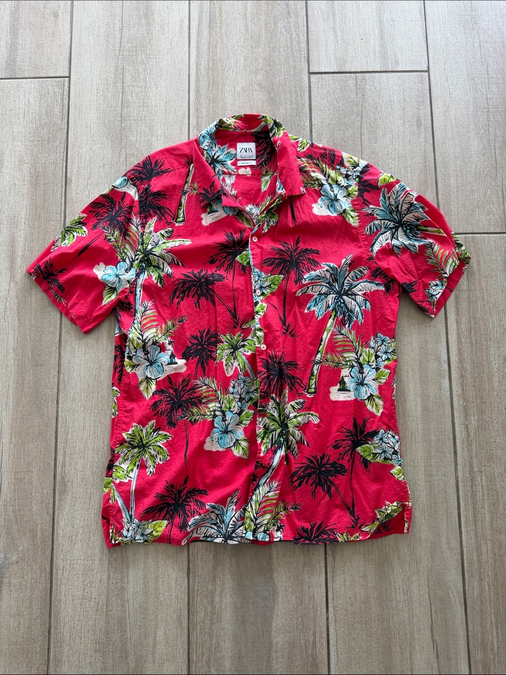 Zara Men Bright Red Tropical Print Short Sleeve Button-Down Shirt
